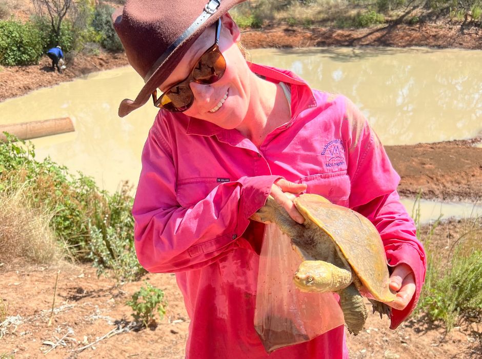 Deb Bower holding a Murray River turtle.